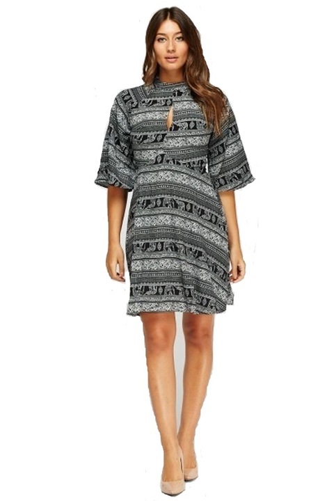 Rochie cu maneca scurta Tutti Frutti Flared Mix Print, Negru/Alb, M