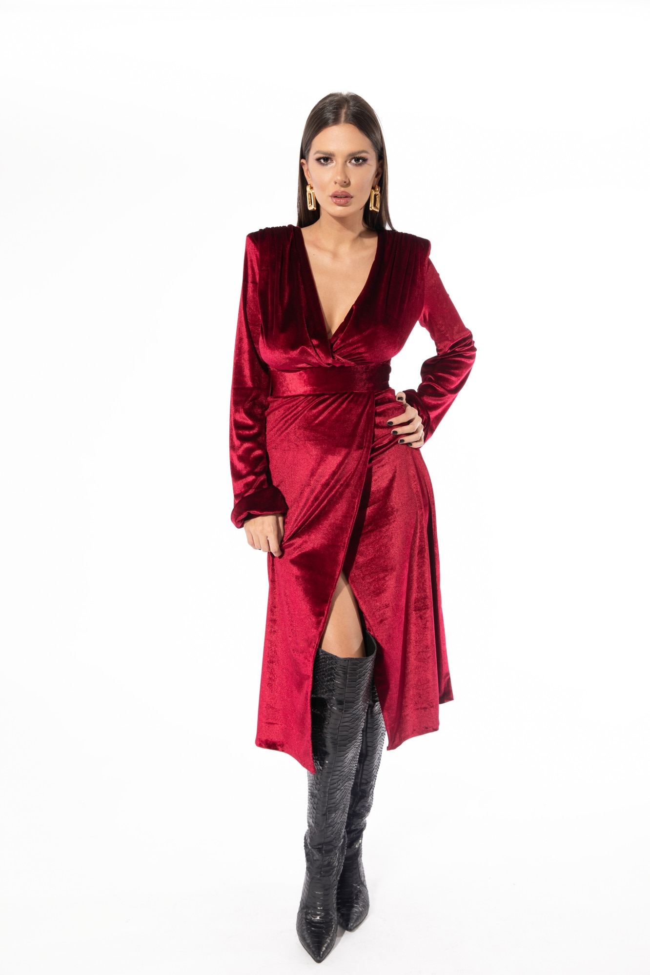 Rochie din catifea, Cactus the brand, Burgundy, Burgundy