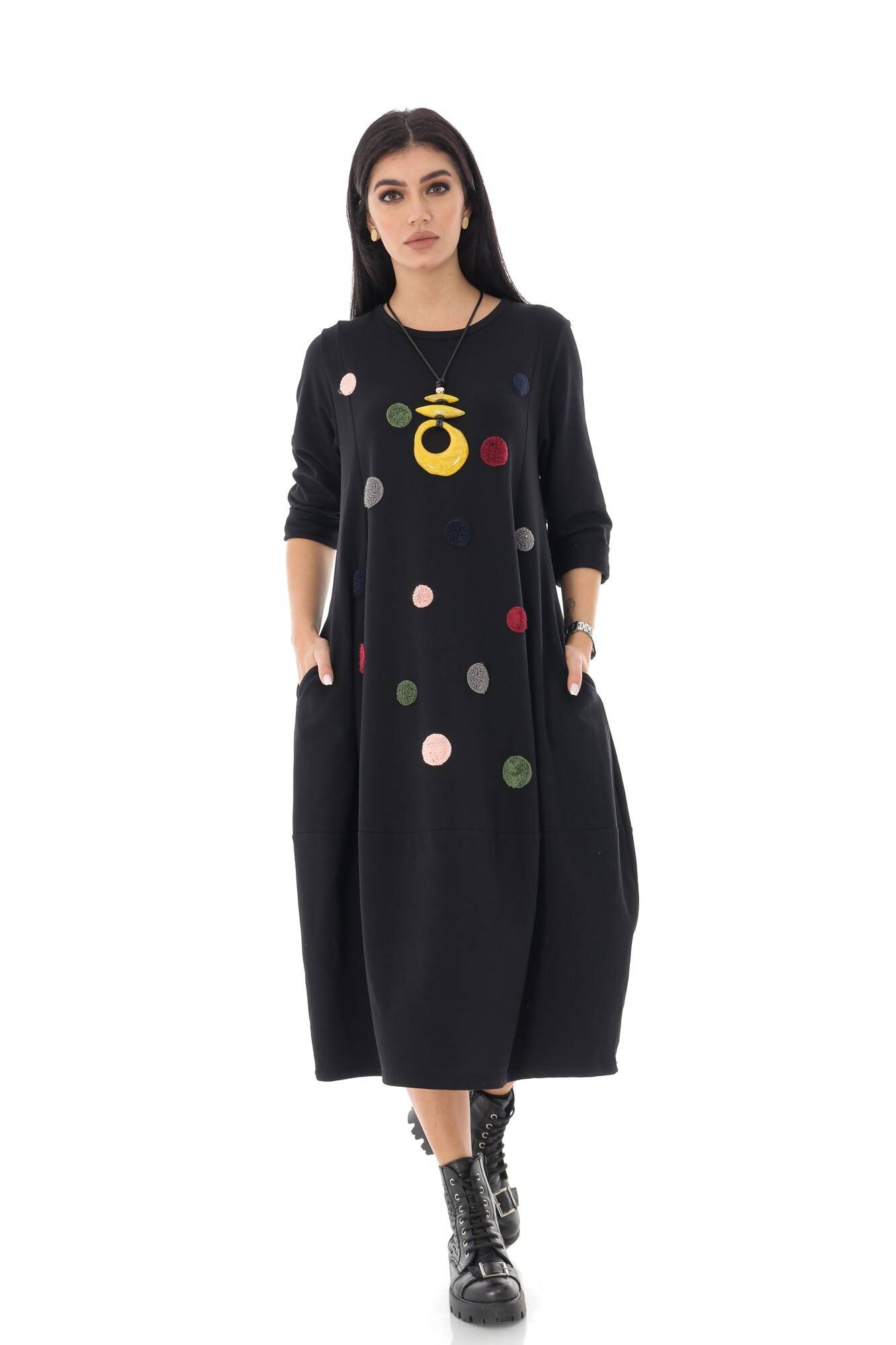 Rochie midi, cu maneci lungi, cu buline - ROH, Negru, One Size