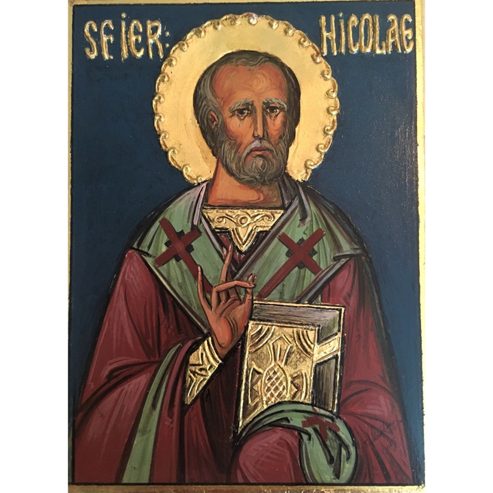 Kézzel készített, stukkóval díszített, schlagmetallal polírozott ikon, Szent Miklós Szent Hierarcha, 34x24x1 cm