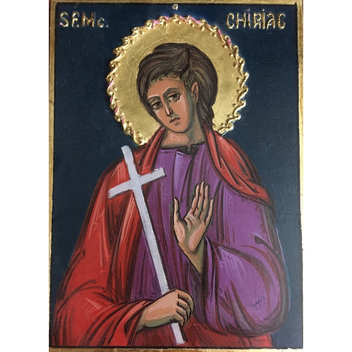 Kézzel készített, stukkóval díszített ikon, schlagmetallal polírozott, Szent Mártír Chiriac, 34x24x1 cm