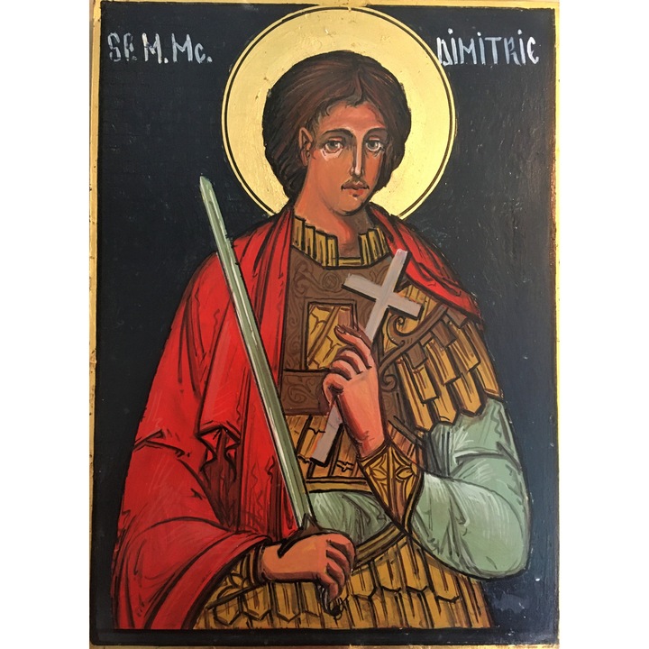 Kézzel készített ikon, schlagmetallal polírozva, Szent Mártír Déméter, 34x24x1 cm