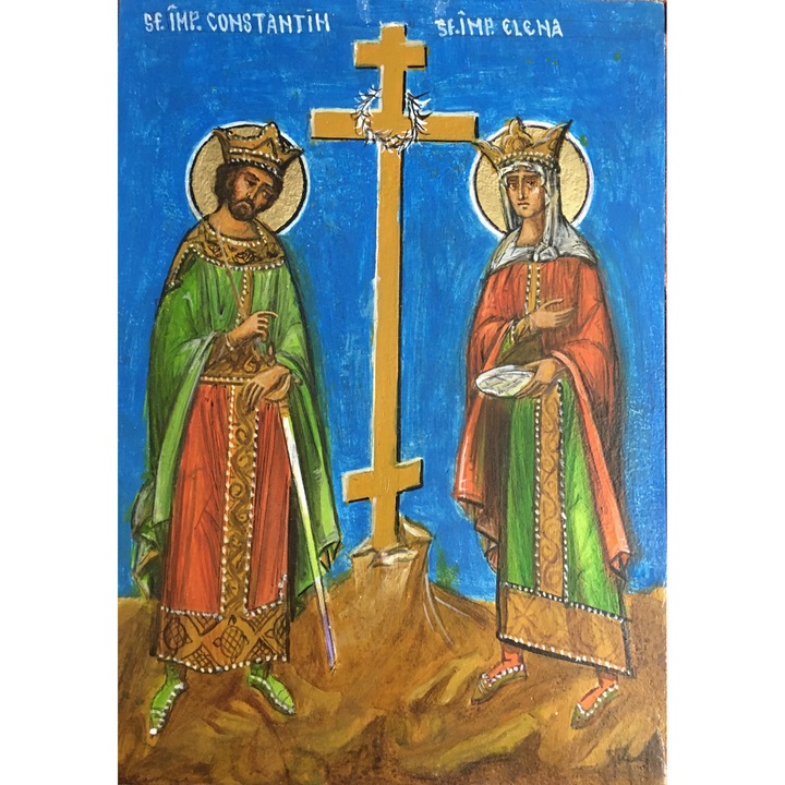 OEM Kézzel készített szentkép, Csiszolt schlagmetallal , Szent Konstantin és Heléna császárok, 34x24x1 cm