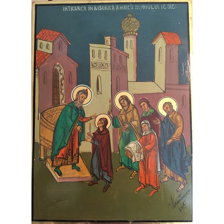 Icoana Handmade poleita cu schlagmetall, Intrarea in biserica a Maicii Domnului, 34x24x1 cm