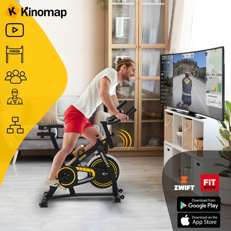 Bicicleta fitness pentru spinning, PROGRESSIVE SX2000, Greutate maxima utilizator 120 kg, Bluetooth, Calcul calorii, timp, distanta, puls, Greutate sistem volanta 15 kg, culoare negru-galben