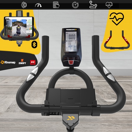 Bicicleta fitness pentru spinning, PROGRESSIVE SX2000, Greutate maxima utilizator 120 kg, Bluetooth, Calcul calorii, timp, distanta, puls, Greutate sistem volanta 15 kg, culoare negru-galben