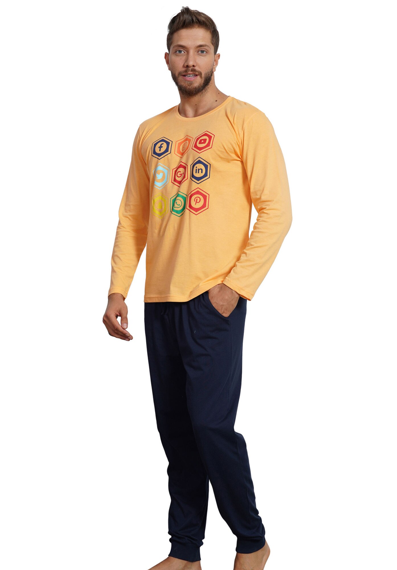 Pijama barbati Gazzaz by Vienetta, model Stay Connected, orange/bleumarin, Orange/Bleumarin