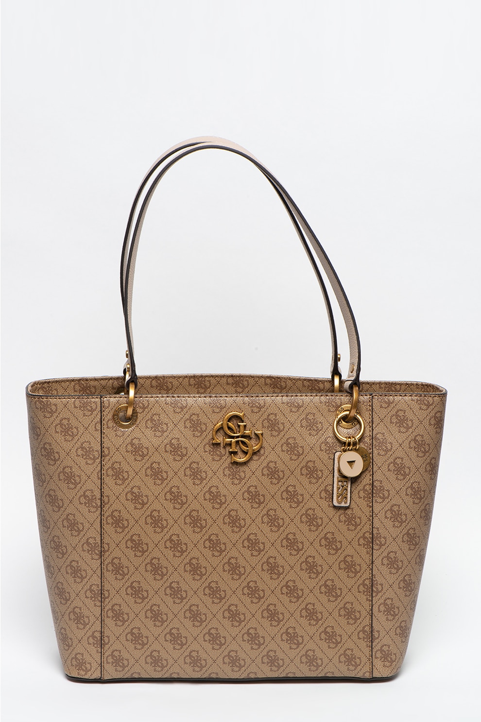 Guess, Geanta shopper de piele ecologica cu model monograma Noelle, Maro camel