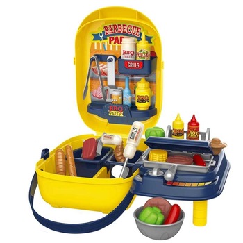 Set de rol gratar de jucarie pentru copii, cu accesorii pentru barbeque depozitate in gentuta, ustensile, alimente, sosuri, 41 piese Set de rol gratar de jucarie pentru copii, cu accesorii pentru barbeque depozitate in gentuta, ustensile, alimente, sosuri, 41 piese