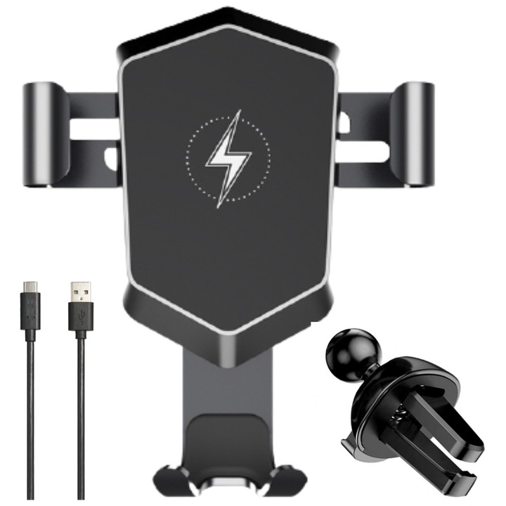 Suport telefon wireless pentru masina, cu fixare in grila de ventilatie, universal Android si iOS, wireless charger maxim 15W, Ideas4Comfort, negru