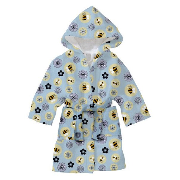 Halat de baie copii, din bumbac absorbant, cert Oeko-Tex®, imprimeu grafic cu albinute, pentru cei indragostiti de natura, stil Bees, lejer si cu cordon in talie, in nuante de bleu, galben si alb, brand Sleep Good Sleeping®, varsta 2-4 ani