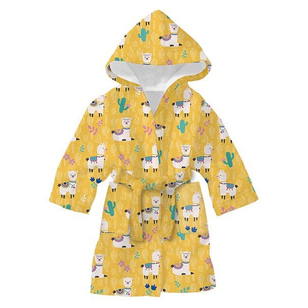 Halat de baie copii, din bumbac absorbant, cert Oeko-Tex®, imprimeu grafic cu Llama Llama, pentru cei pasionati de calatorii, stil Lama, lejer si cu cordon in talie, in nuante de galben, alb si verde, brand Sleep Good Sleeping®, varsta 4-6 ani