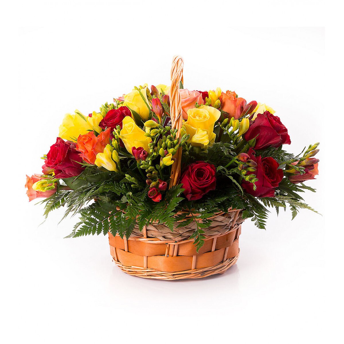 Cos cu trandafiri si frezii, 45 fire, 35x40cm, multicolor