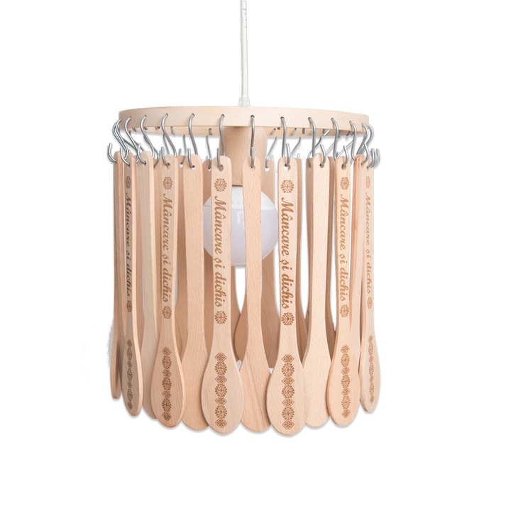 Pendul "Firesq- Mancare si dichis" E27, 1x60W, suspensie si linguri lemn stilizate si gravate