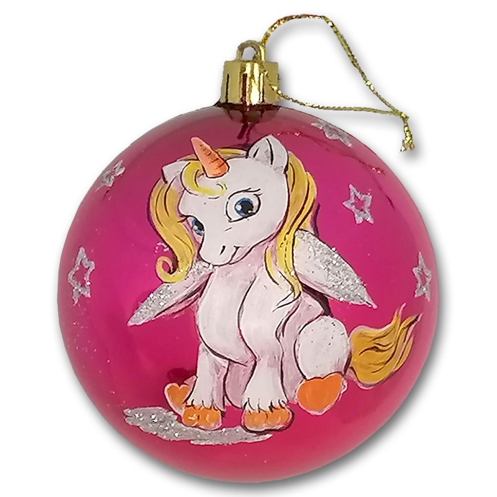 Globulet ArtDeco pentru bradul de Craciun, din plastic roz cu Unicorn, pictat manual in culori acrilice, cu diametrul de 8 cm