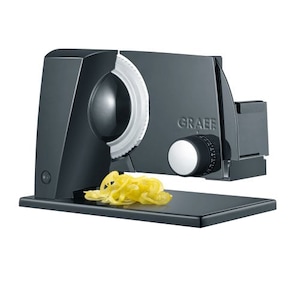 Feliator profesional alimente Graef, SlicedKitchen S11002, cu placa de acoperire a lamei pentru feliere perfecta, design compact, lama zimtata diametru 170 mm, grosime feliere reglabila, multifunctional, negru