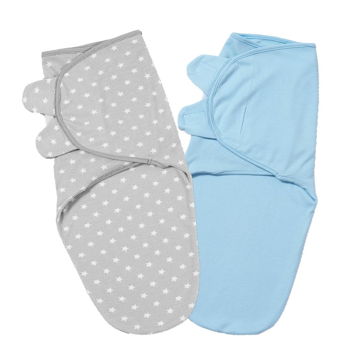 Комплект 2 регулируеми системи за повиване 0-3 месеца Kidizi Blue Grey Stars, 100% памук