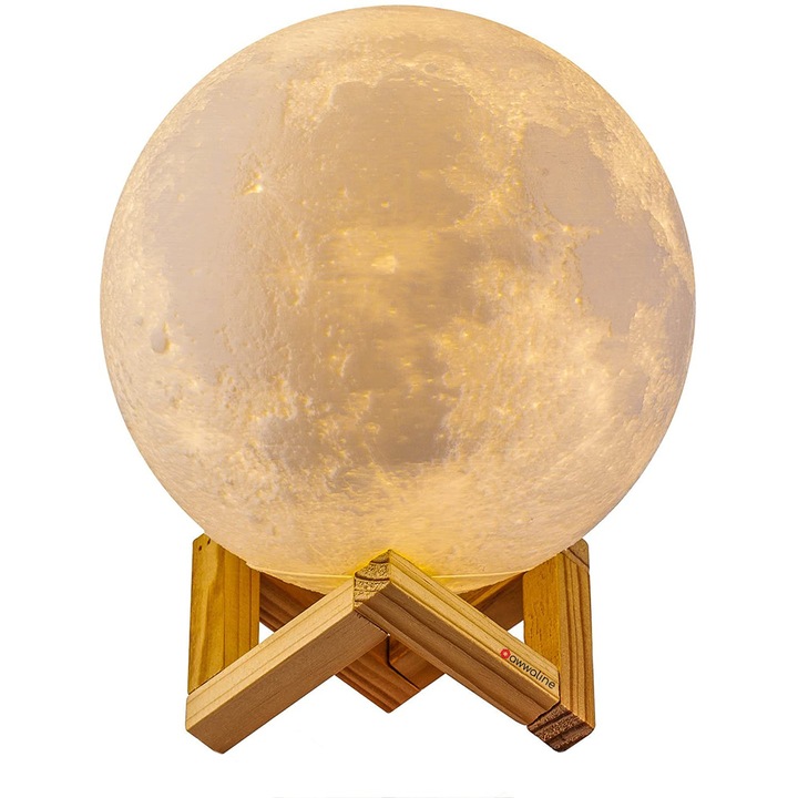 Lampa de veghe, awwaline, model luna 3D, 15cm, multicolora 7 efecte, reincarcabila, portabila, suport lemn