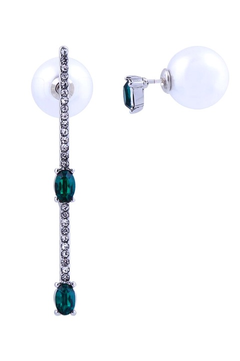 Cercei eleganti See Saw, asimetrici, tija cu cristale si perle mari, Argintiu