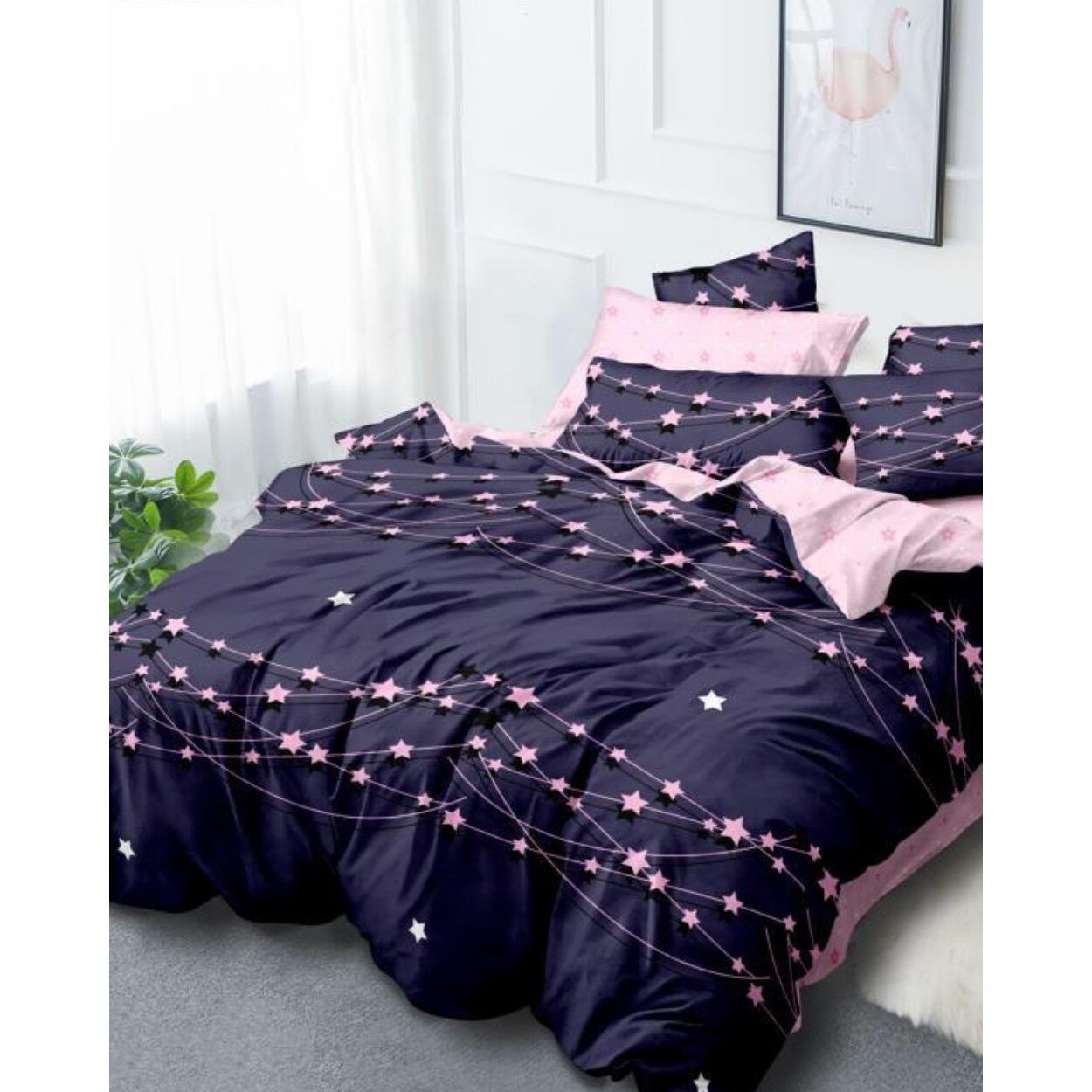 Set Lenjerie Finet Satinat, 6 Piese, Pat 2 Persoane, Purple Stars