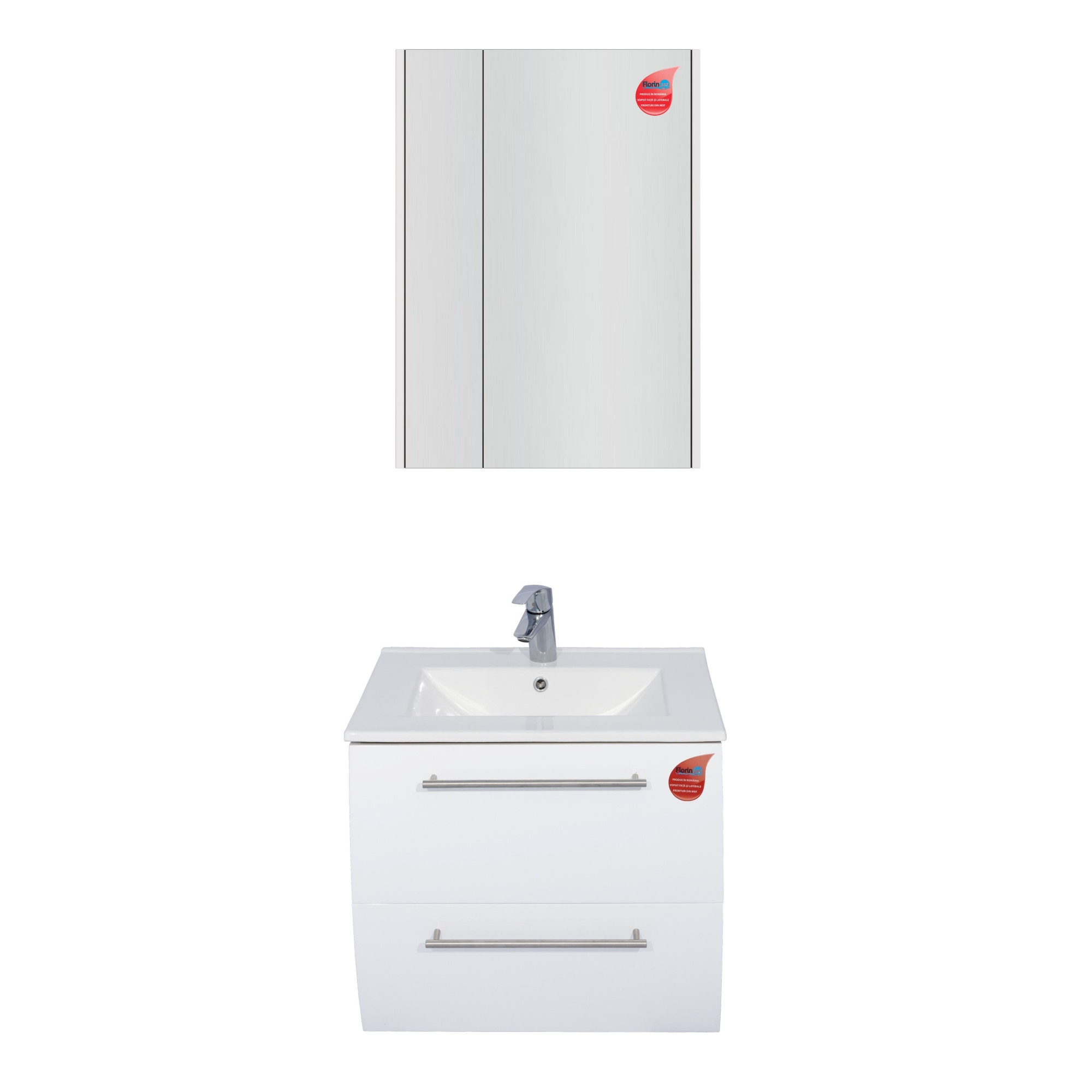 Set mobilier baie suspendat alb 60 cm +lavoar+oglinda dulap 2 usi 60 cm