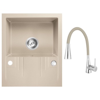 Set chiuveta Ferro granit nisip o cuva 58x48, cu baterie Ferro flexibila cu 2 functii bej Set chiuveta Ferro granit nisip o cuva 58x48, cu baterie Ferro flexibila cu 2 functii bej