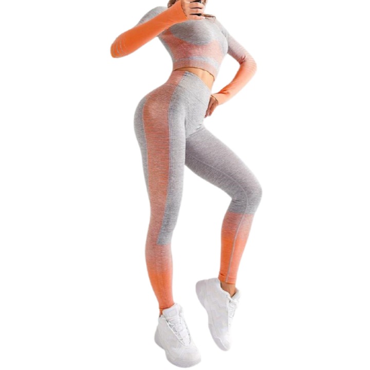 Set fitness 2 piese, Herablum®, Active, cusaturi subtiri, material elastic, Gri/Portocaliu