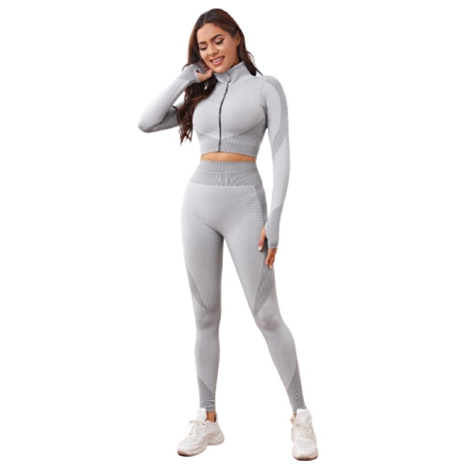 Set fitness 3 piese, Herablum®, Peach, cusaturi subtiri, material elastic, Gri