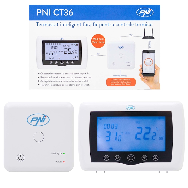 Termostat inteligent PNI CT36, WiFi, Histerezis 0.2 grade C, Control centrala termica, Programare control temperatura, Display, Alb