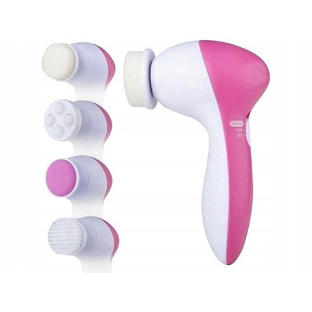 Dispozitiv electric pentru curatare faciala si masaj 5in1, 2 trepte de viteza, roz/alb