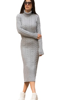 Rochie tricotata Diane, cu guler si maneci lungi, Gri, One Size Rochie tricotata Diane, cu guler si maneci lungi, Gri, One Size