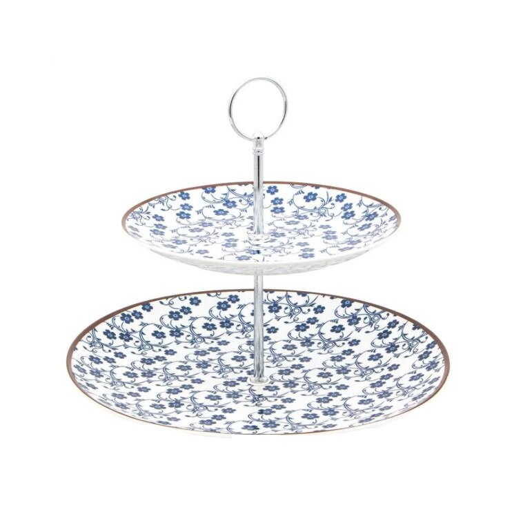 Suport pentru desert, pe 2 nivele, din portelan, cu motive florale, alb-albastru