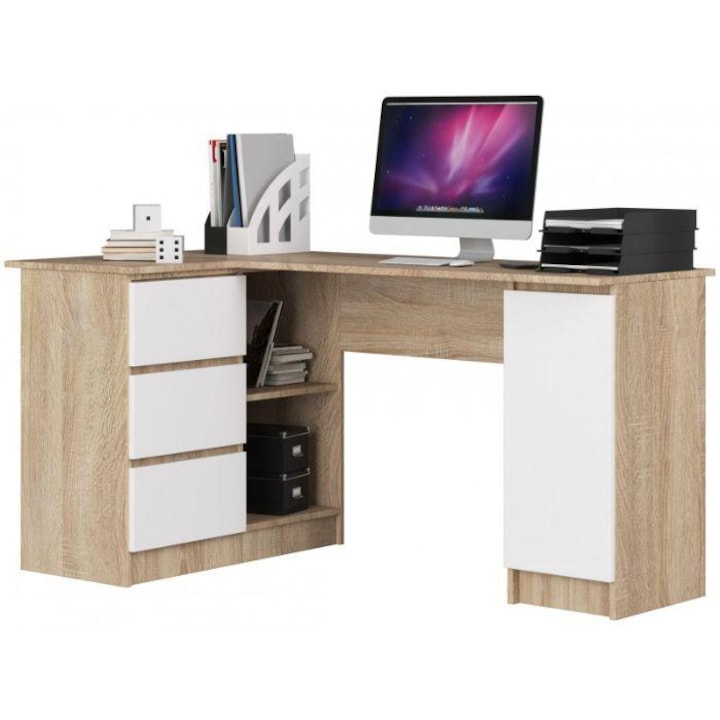 Sarok számítógép íróasztal, 3 tárolóval, b20, 155 sc, tölgyfa, fehér
