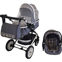 carucior nou nascuti 3 in 1 baby care pro 530  cu geanta bebe cadru aluminiu gold amortizoare roti din cauciuc plin ave landou scoica auto spatar reglabil 3 trepte plasa insecte gri jeans cu carouri imagen 16_0_
0