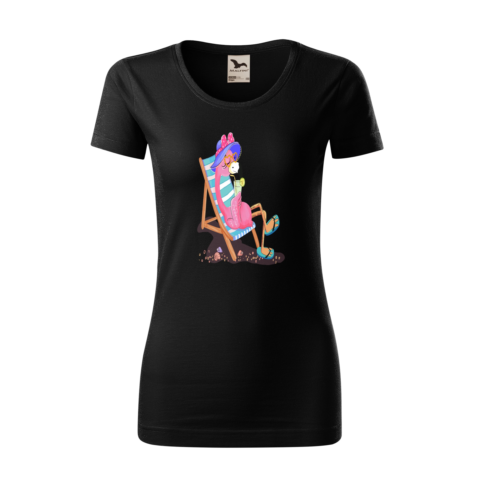 Tricou dama clasic, Malfini, Flamingo on the beach, Negru, L