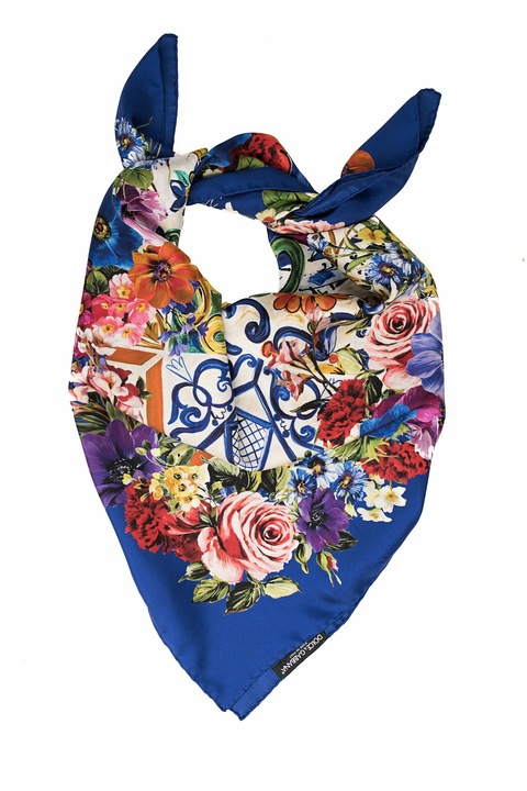 Esarfa matase Dolce & Gabbana, albastra cu flori colorate