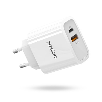 Incarcator retea Fast Charge Yesido Explore, Type-C PD + USB, QuickCharge 3.0, 18W, White Incarcator retea Fast Charge Yesido Explore, Type-C PD + USB, QuickCharge 3.0, 18W, White