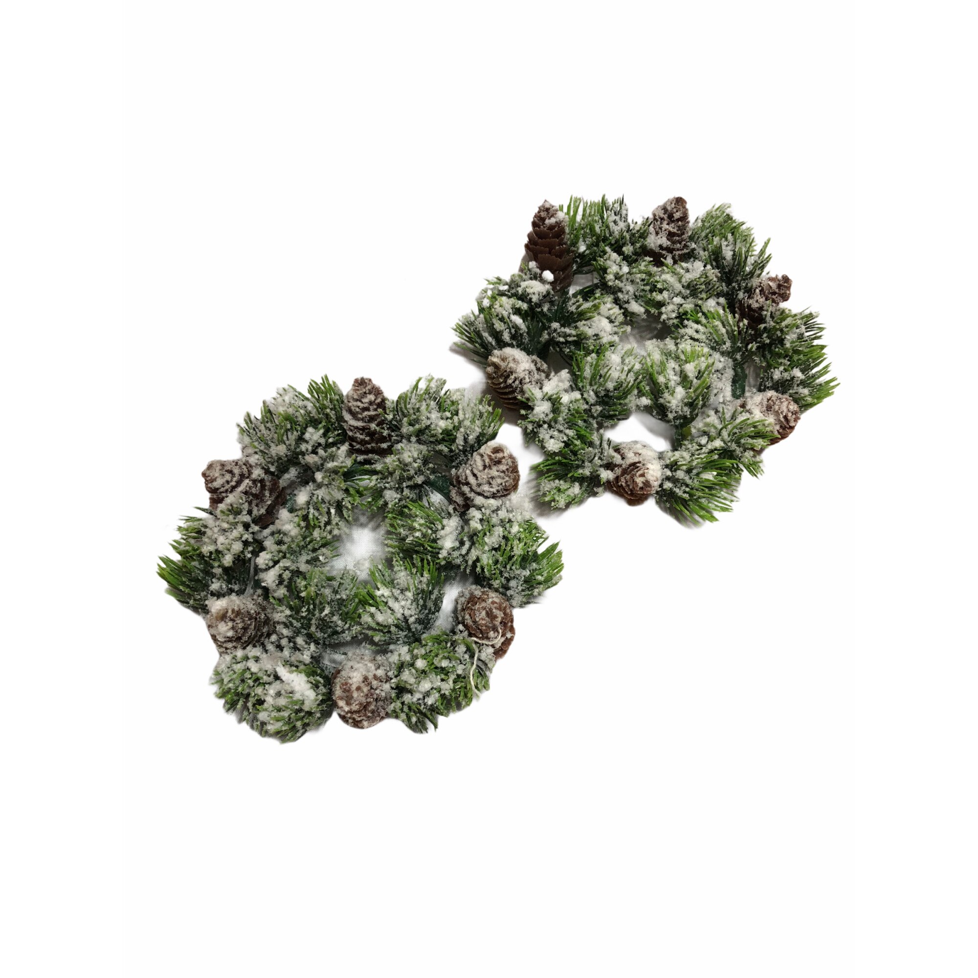Set 2 suport de lumanare tip coronita din brad cu zapada, Craciun, Atelier, Plastic, Verde/Alb, 13cm