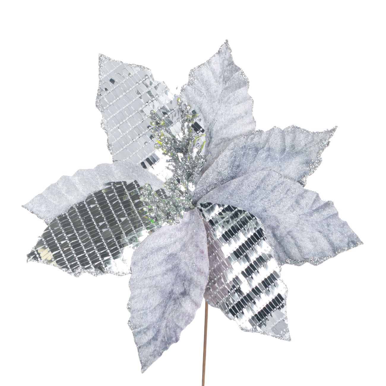 Floare decorativa brad Craciun, cu sclipici argintiu, South Perfect Decor, 20 cm