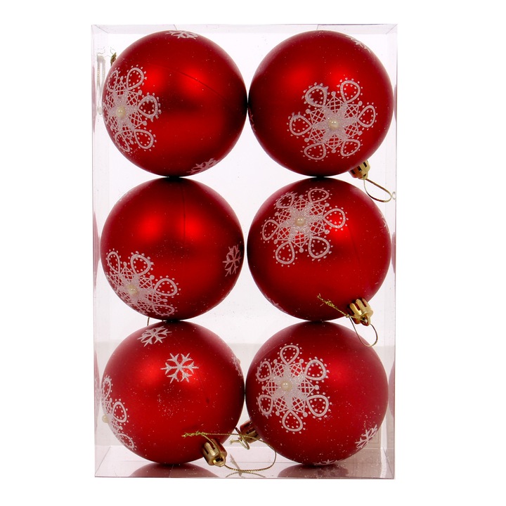 Set 6 globuri de Craciun, model cu floare, rosu/alb, 8 cm