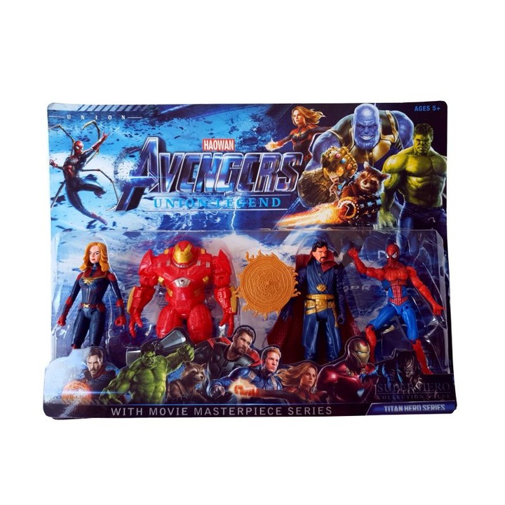 Комплект 4 артикулирани фигурки тип супергерои Avengers, Ironman HulkBuster, SpiderMan, Doctor Strange, Captain Marvel, 13 см, многоцветни, led осветление в раклата, + 3г.