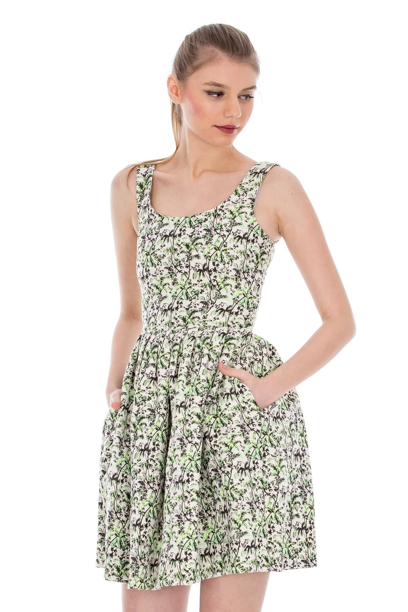 Rochie crem/verde, ROH, din jaquard, 34