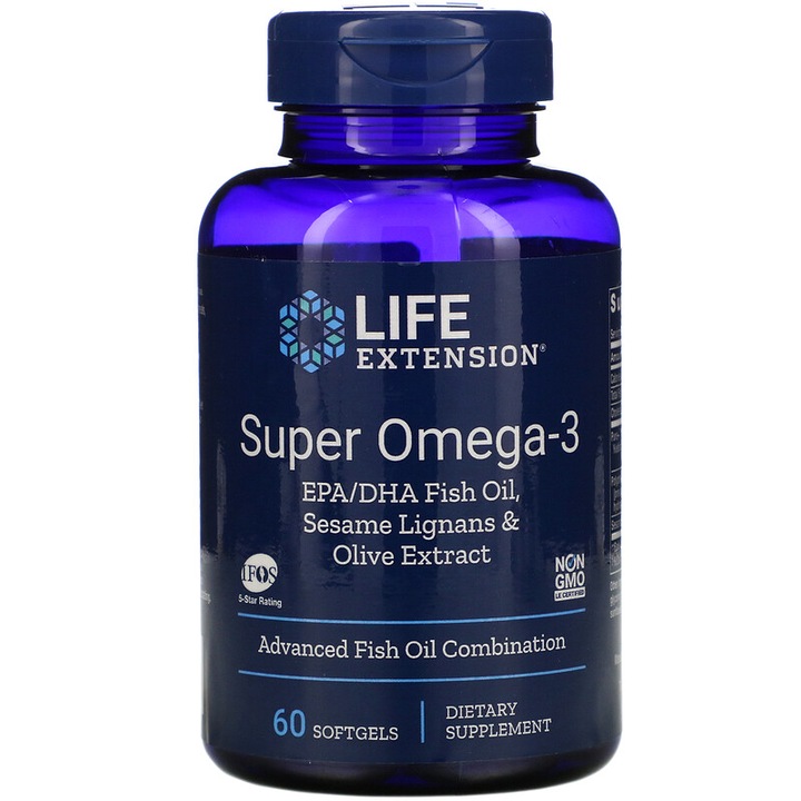 Хранителна добавка Life Extension Super Omega-3 EPA/DHA със Sesan Lignans & Olive Extract, 60 капсули
