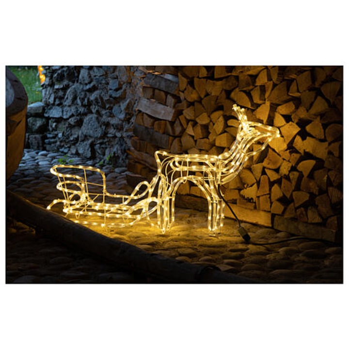Tarrington 161 x 65 x 30 cm XL kültéri / beltéri melegfehér LED-es világító rénszarvas és szán (szarvas szánnal) karácsonyi fénydekoráció