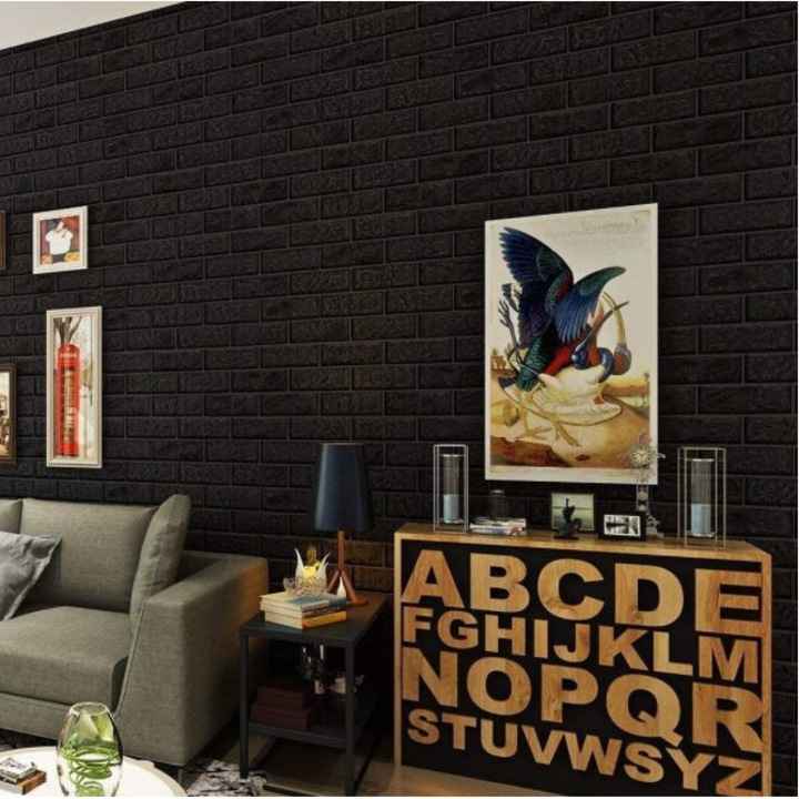 Selling Depot 3D Öntapadó Tapéta, modern kivitelben, 77x70cm, dombornyomott tégla modell, fekete