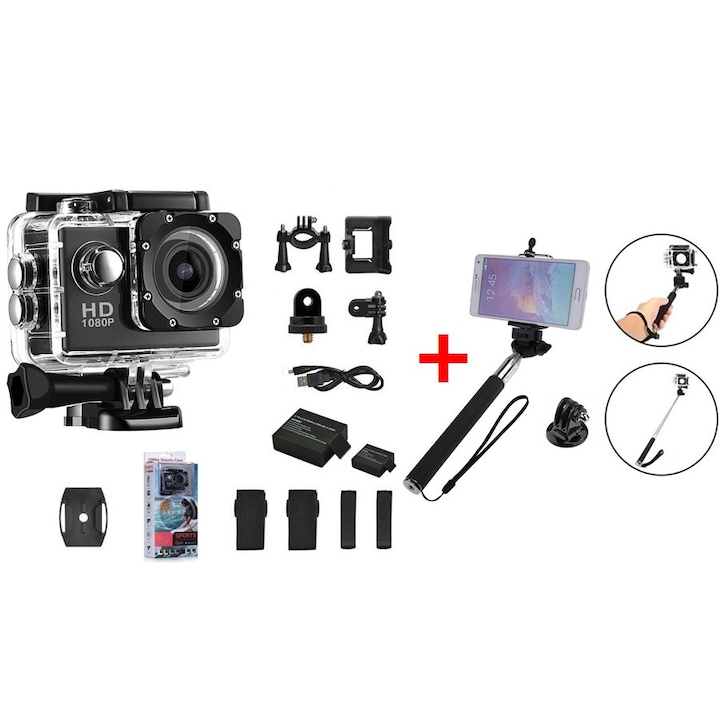 Екшън камера Vertex, Две батерии, HD, пълен комплект, Черна + Сгъваем селфи стик за екшън камери с универсален винт и Щипка за смартфон