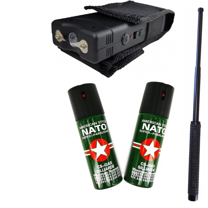 Pachet autoaparare Baston Telescopic 3 segmenti 50 cm, Electrosoc cu led V-800 si 2 Spray-uri Nato