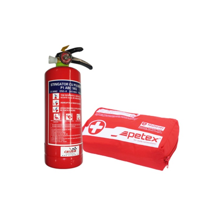 Set pachet prim ajutor auto, trusa sanitara borseta PET, stingator 1kg SEP