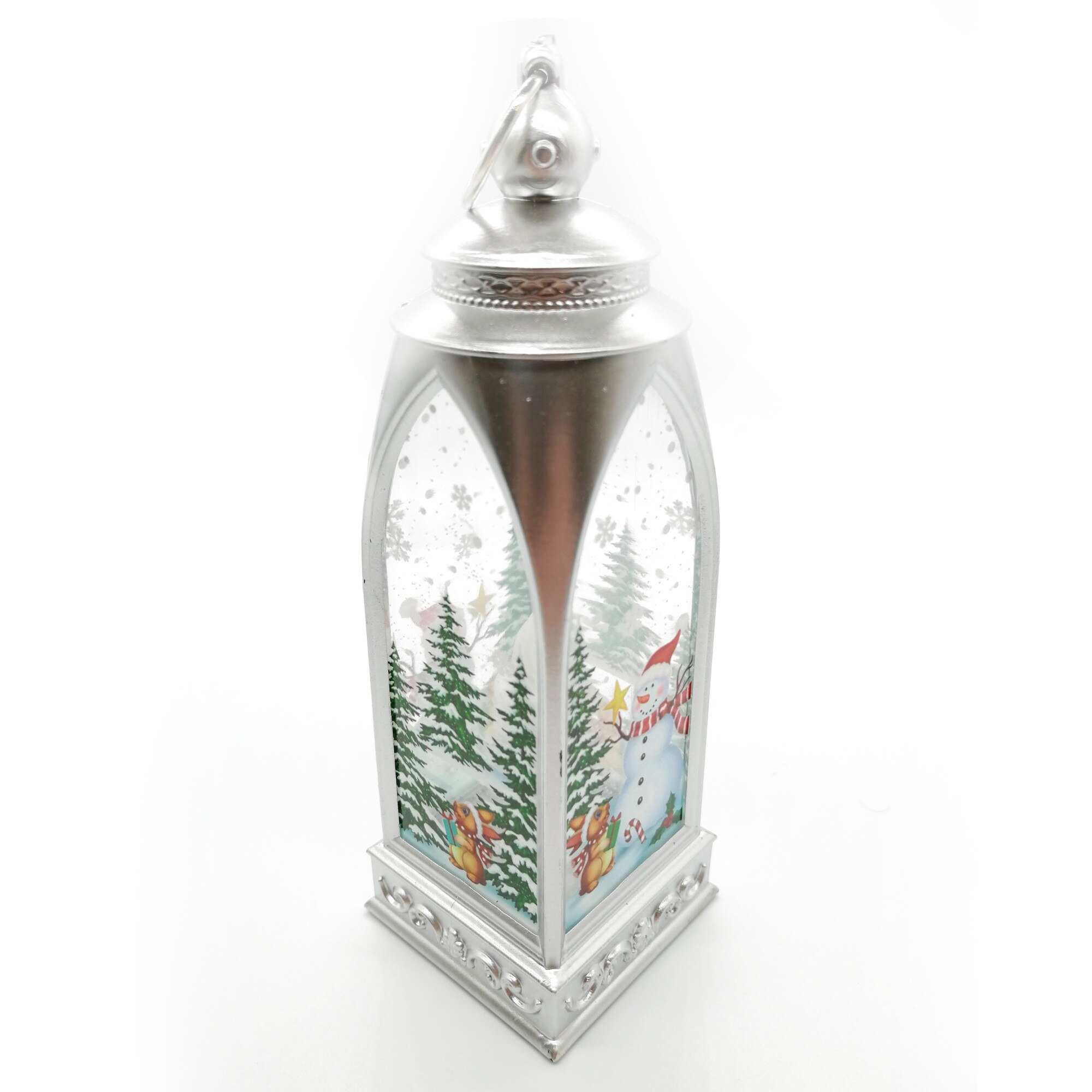 Felinar 15 cm , cu led lumina calda, motive de Craciun, argintiu