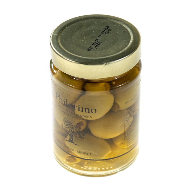 Masline verzi Jalapeno, Philotimo, fara samburi, 100% naturale, procesare naturala, 175 g